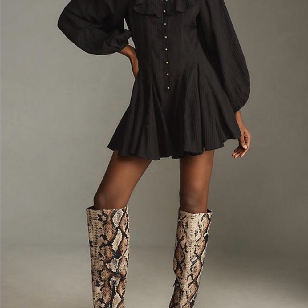 Anthropologie Black Pleated Ruffle Mini Dress